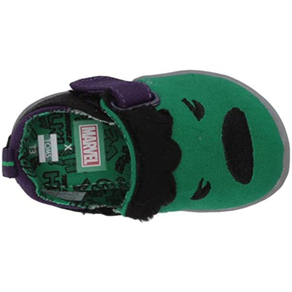 NEW TOMS X Marvel Kid Baby Whiley Hulk Slip On Green Purple Embroidered 3D Face - Picture 5 of 7